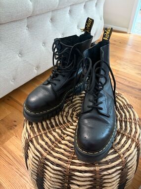Dr. Martens Black Leather Lace-Up Platform Boots with Yellow Stitching